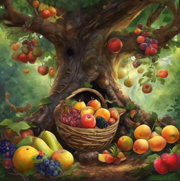 2025 Family Campaign image of a "Giving Tree" with various fruits and in and surrounding the tree